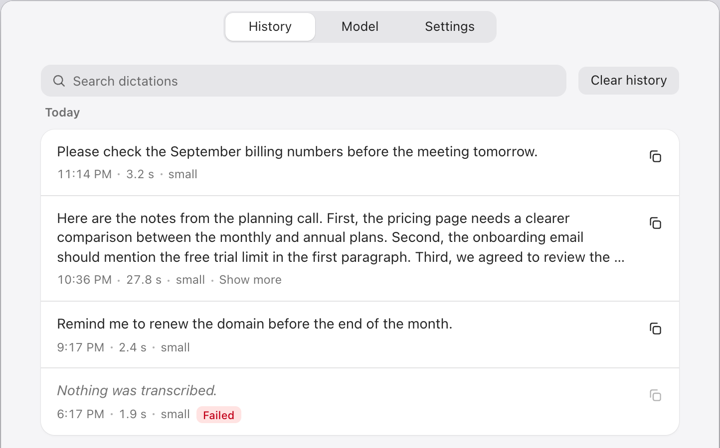 The local-stt window: a searchable history of past dictations