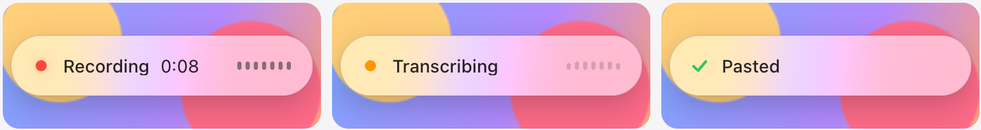 The local-stt recording pill: recording with a live microphone level, transcribing, and pasted